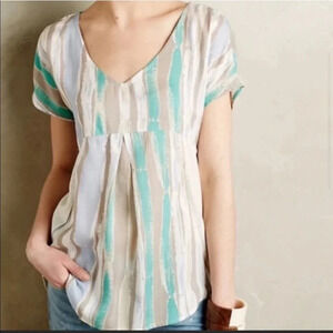 Anthropologie Porridge Elva Watercolor Aqua Grey Mixed Media Blouse Size Small